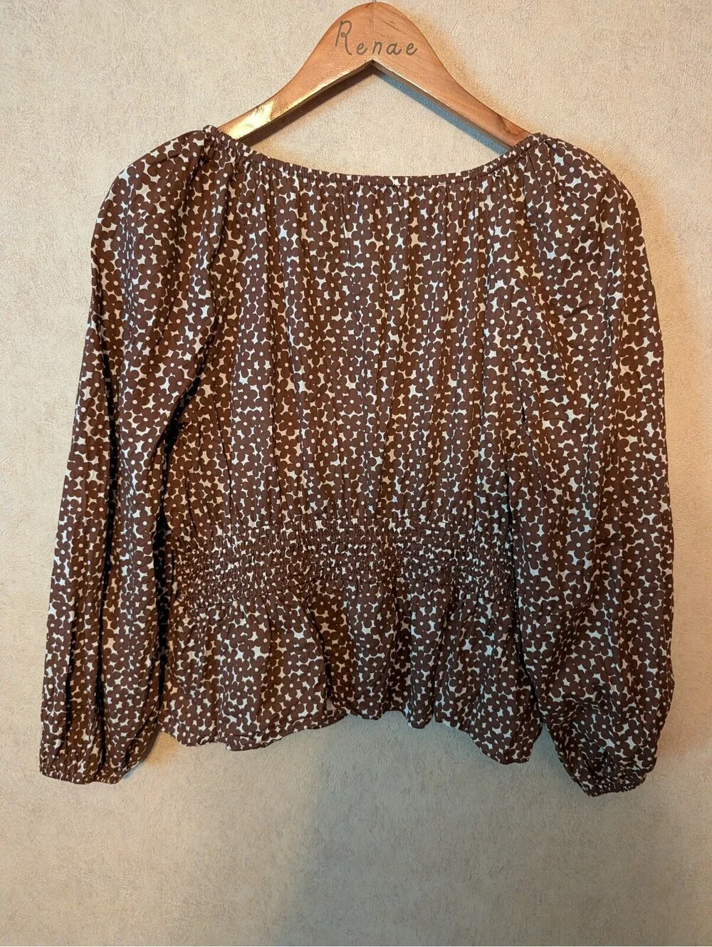 J CREW brown cream floral long sleeve blouse sz S